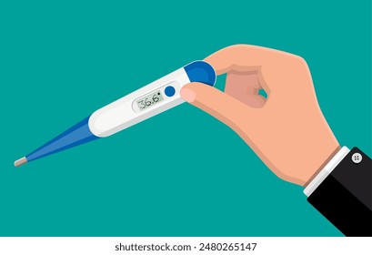 Hand holds electronic thermometer. Checking temperature. Healthcare hospital and medical diagnostics. Urgency and emergency services. Vector illustration flat style