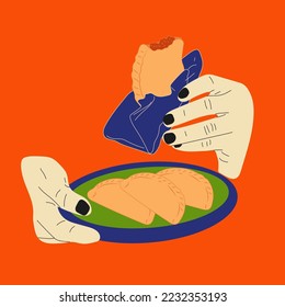 Hand holds empanada. Latin American food empanadas in plate. Vector in cartoon style. All elements are isolated
