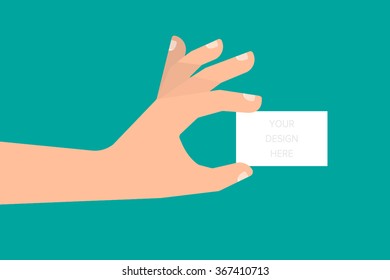 Hand holds a empty business or credit card. Business concept. Template for your design. Isolated vector illustration flat design. 