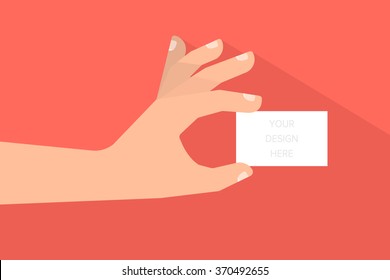 Hand holds a empty business or credit card. Business concept. Template for your design. Isolated vector illustration flat design.