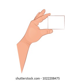 The hand holds an empty card. Vector illustration isolated on white background.