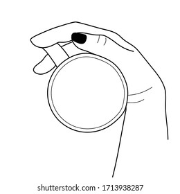 Hand holds empty cup. Vector simple black line illustration with female hand with empty mug, place for text. Banner, poster, print design template. Text space in a cup. Top view