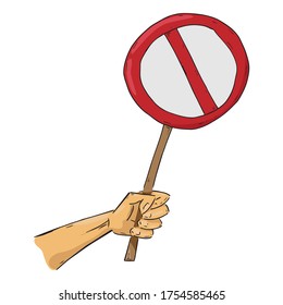 Hand holds an empty round banner. Crossed out banner without text. Round banner on a wooden hilt. Vector illustration. Simple hand drawn icon.