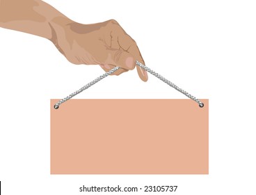 The hand holds an empty signboard, a place for your text!