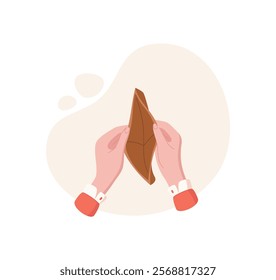 Hand holds an empty wallet. Human gesture of not holding cash. Poverty concept in finance and economy, graphic style, ideal for business and financial contexts.