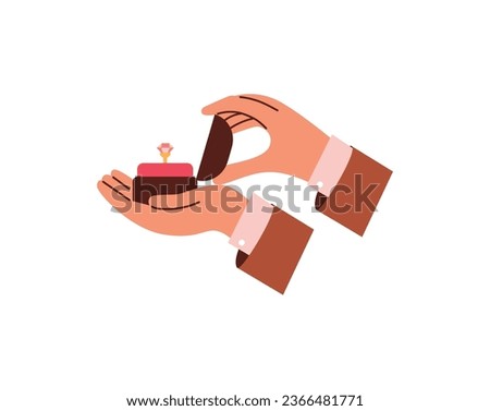 Hand holds engagement ring with pink stone or diamond, flat vector illustration isolated on white background. Concepts of love, marriage proposal and wedding.