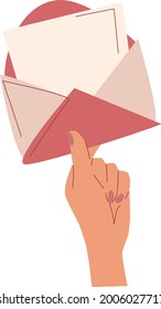 The hand holds an envelope with a letter, a postcard. Vector greeting flat illustration with a gift envelope in his hands on a white background.