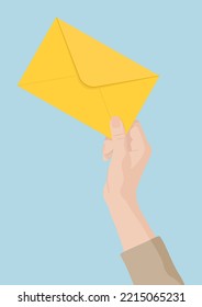 Hand holds envelope with notification. Email, letter, correspondence, new e-mail message, incoming messages concepts. Vector illustration isolated on blue background.