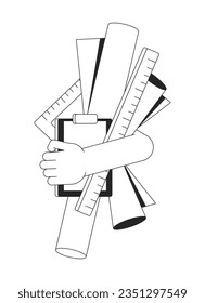 Hand holds equipment flat monochrome isolated vector object. Paper, scrolls, rulers and tablet. Editable black and white line art drawing. Simple outline spot illustration for web graphic design