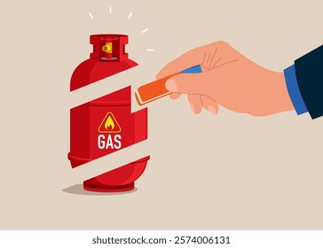 Hand holds eraser and gas cylinder. Refusal gas products. Modern flat vector illustration.