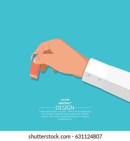 The hand holds an eraser. A hand with an office subject in 3D style on the isolated blue background. Vector illustration. Design element.