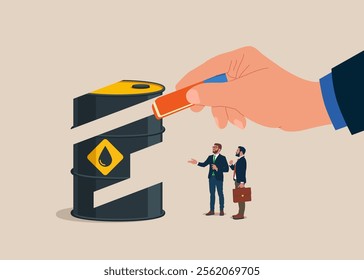 Hand holds eraser and removes crude oil barrel. Refusal petroleum products. Modern flat vector illustration.