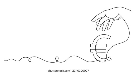 Hand holds euro sign,one line art,continuous contour drawing, hand-drawn line icon for business,minimalist design.Financial valuta sign,currency trendy template.Editable stroke.Isolated.Vector 