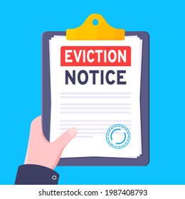 Hand holds eviction notice legal document on the clipboard with stamp, paper sheets and a pen vector illustration flat style design. Notice to vacate form eviction credit debt real estate concept.