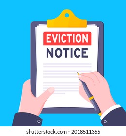 Hand holds eviction notice legal document with stamp, paper sheets and file vector illustration flat style design. Notice to vacate form eviction credit debt real estate concept.