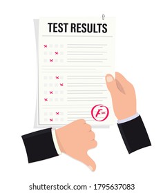 Hand holds examination sheet with bad mark. Bad exam mark. Exam result, grade mark F minus. Thumbs down. Failed testing
