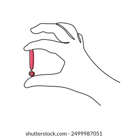 Hand holds exclamation mark one line art,hand drawn admiration sign,idea continuous contour.Query attention concept, finding answer.Minimalistic art drawing.Isolated.Editable stroke.