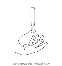 Hand holds exclamation mark one line art,hand drawn admiration sign,idea continuous contour.Query attention concept, finding answer.Minimalistic art drawing.Isolated.Editable stroke.
