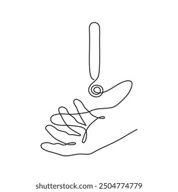 Hand holds exclamation mark one line art,hand drawn admiration sign,idea continuous contour.Query attention concept, finding answer.Minimalistic art drawing.Isolated.Editable stroke.