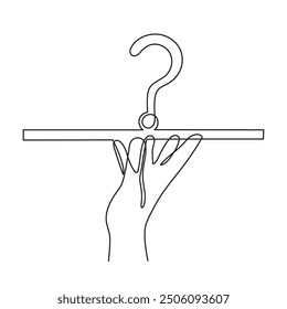Hand holds exclamation mark one line art,hand drawn admiration sign,idea continuous contour.Query attention concept, finding answer.Minimalistic art drawing.Isolated.Editable stroke.