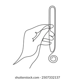 Hand holds exclamation mark one line art,hand drawn admiration sign,idea continuous contour.Query attention concept, finding answer.Minimalistic art drawing.Isolated.Editable stroke.