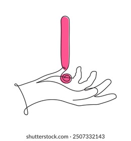 Hand holds exclamation mark one line art,hand drawn admiration sign,idea continuous contour.Query attention concept, finding answer.Minimalistic art drawing.Isolated.Editable stroke.