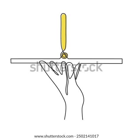Hand holds exclamation mark one line art,hand drawn admiration sign,idea continuous contour.Query attention concept, finding answer.Minimalistic art drawing.Isolated.Editable stroke.
