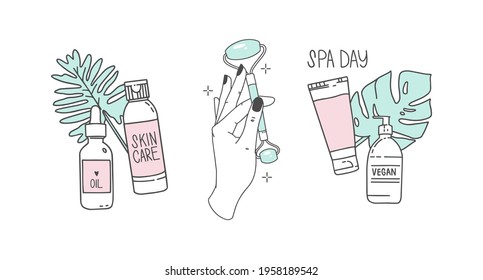 Hand holds facial massager, jade roller. Cosmetics on the background of tropical leaves, monstera. Home skin care products. Set of vector illustrations in a minimalist modern style. Outline drawing.