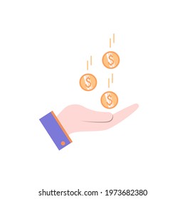 Hand holds falling coins. Making money, banking, business and finance, loans and investments. Template for financial projects.Vector illustration. Flat design..