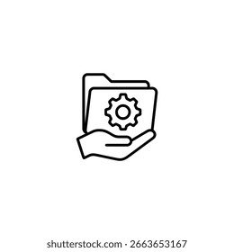 Una mano sostiene una carpeta de archivos con un símbolo de engranaje que representa Configuraciones de gestión de proyectos o documentación técnica.