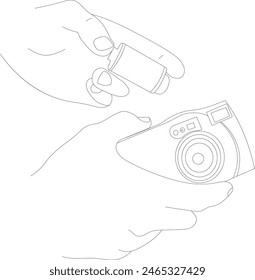 Hand holds a film camera in one hand and film roll in another line drawing art