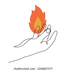 Hand holds fire flame one line art  hand drawn burning balefire  Glowing bonfire continuous contour  Minimalistic art drawing  Editable stroke  Isolated  Vector illustration