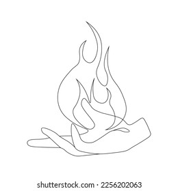 Hand holds fire flame one line art  Minimalistic art drawing  Isolated white background  Vector illustration