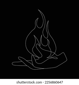 Hand holds fire flame one line art  Minimalistic art drawing  Isolated black background  Vector illustration