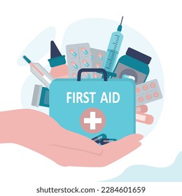Hand holds first aid kit. Doctor uses medical equipment, drugs and medications. Emergency, healthcare concept. Syringe, pills, vials and plaster for travel and auto. flat vector illustration