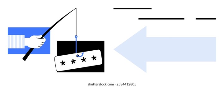 Una mano sostiene una caña de pescar con un anzuelo que atrapa una Contraseña, lo que indica un intento de phishing. Incluye flechas y Elementos abstractos. Ideal para ciberseguridad, phishing awareness, seguridad en línea, digital