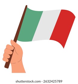The hand holds flag Italy sign. Italy symbols, decorative elements. National holidays in Italy. Vector flat illustration.European country.