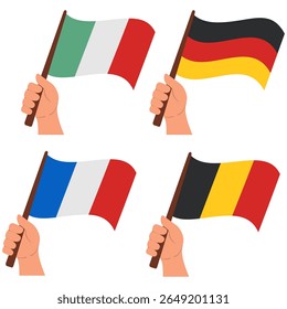 The hand holds flag Italy,Germany, Belgium, France.National holidays.The European Union. Vector flat illustration.European country.