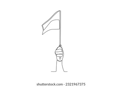 A hand holds a flag on Independence Day. Indonesia independence day one-line drawing