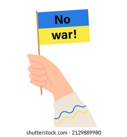 Hand holds a flag with Ukrainian national blue and yellow colors. No war in Ukraine. Anti-war demonstration. Vector illustration isolated on white background