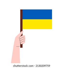 Hand holds a flag with Ukrainian. No war in Ukraine. Anti-war demonstration. Stay with Ukraine concept. Support for Ukraine. Vector illustration isolated on white background