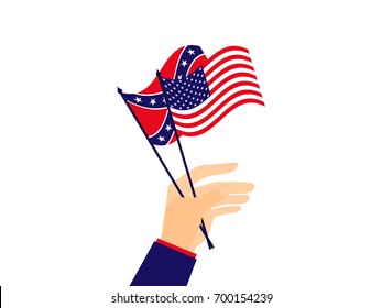 Hand holds the flag of the United States of America and the Confederates. Vector illustration