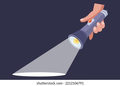 the hand holds a flashlight and illuminates the path. flat vector illustration.