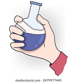 A hand holds a flask containing a blue chemical mixture, representing health research and pharmaceutical development.