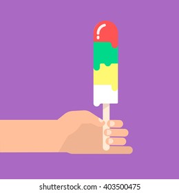 Hand holds a flavored ice on a stick. Isolated vector illustration flat design.