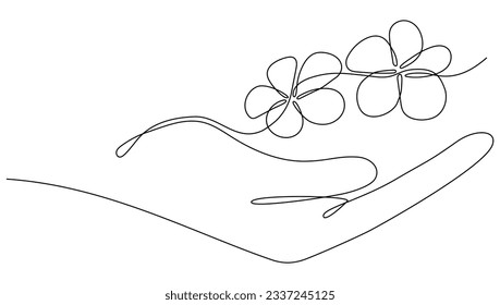 Hand holds flower continuous line art drawing. Plumeria one line symbol. Frangipani blossom. Vector illustration isolated on white.