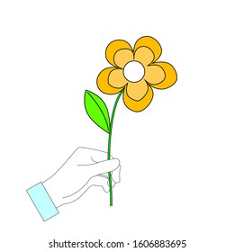 hand holds a flower. flat design. vector illustration.