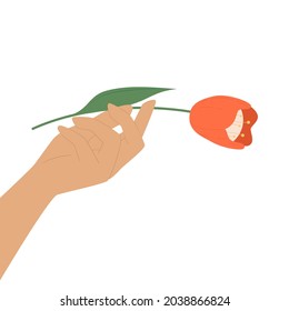 Hand holds a flower. Flat vector illustration isolated on white background