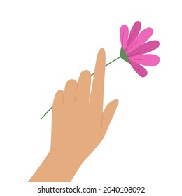 Hand holds a flower. Flat vector illustration isolated on white background