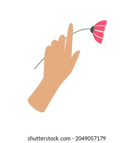 Hand holds a flower. Flat vector illustration isolated on white background
